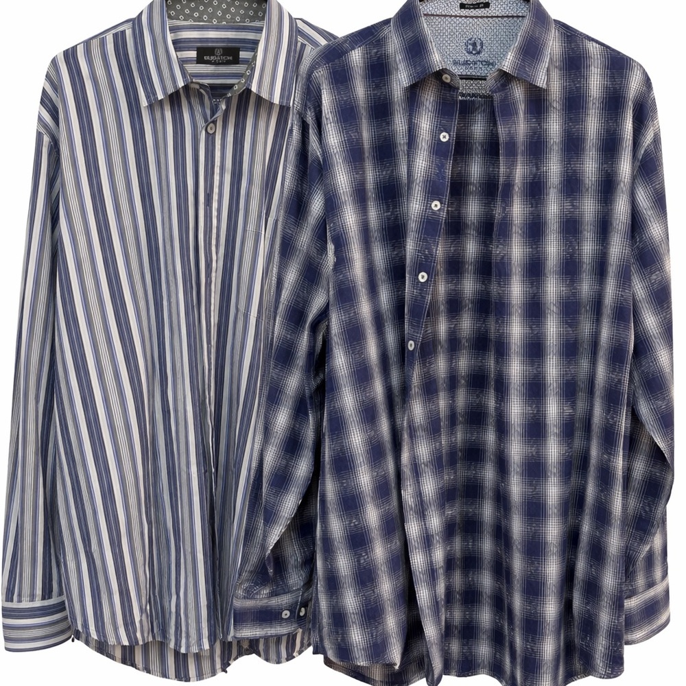 Bugatchi Shirt Lot Men’s Large Blue Plaid Striped Button Down Long Sleeve Bundle